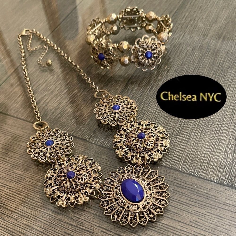 Chelsea NYC Filigree Medallion Statement Necklace & Bracelet Antique Gold-tone